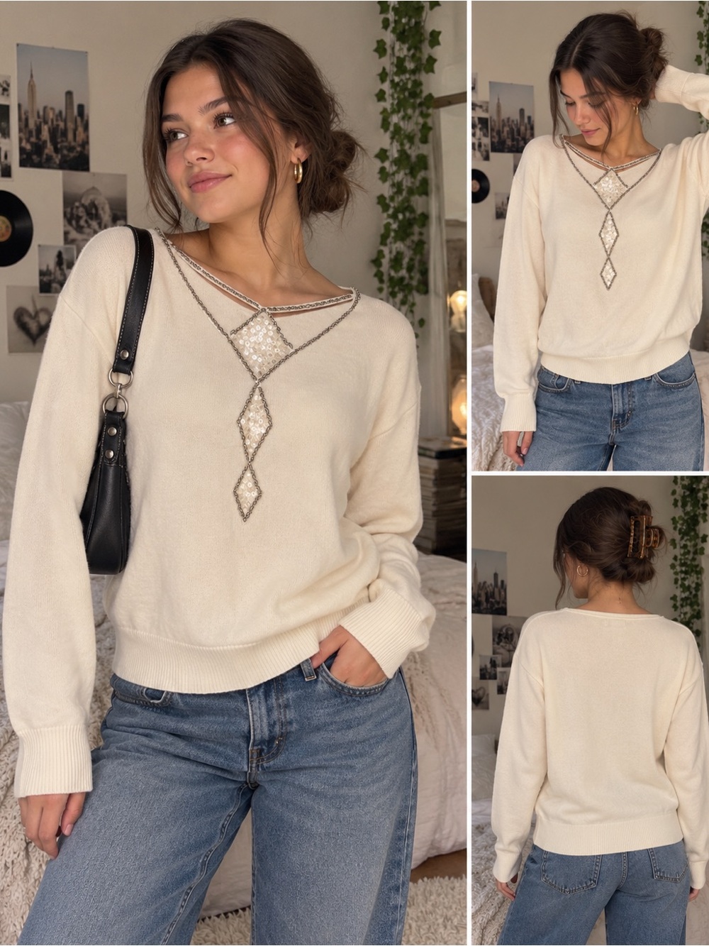 Bob Mackie Wearable Art NWT Ivory Beaded Sweater Size Medium Embellished Knit